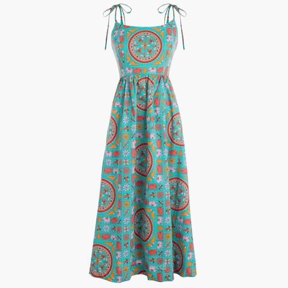 EUC Drake’s for J.Crew Elephant Tile Print Dress 2 Tie Shoulder Cotton Sundress - Picture 2 of 16